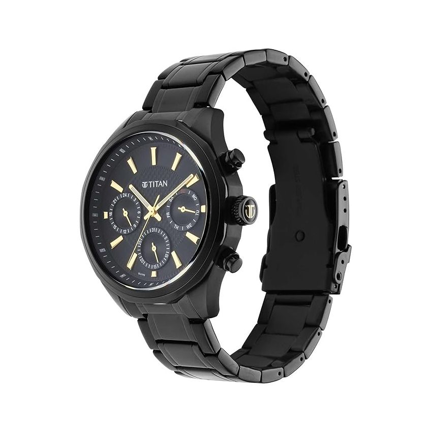 Titan Regalia Quartz Multifunction Black Dial Stainless Steel Strap Watch for Men-NS1829NM02/NT1829NM02