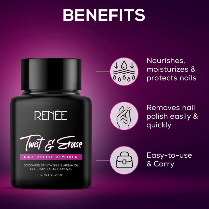 RENEE Twist & Erase Nail Polish Remover 60ml | Nourishes, Moisturises, Protects Nails & Cuticles | Easy-to-use & Carry | Dip, Twist & Erase