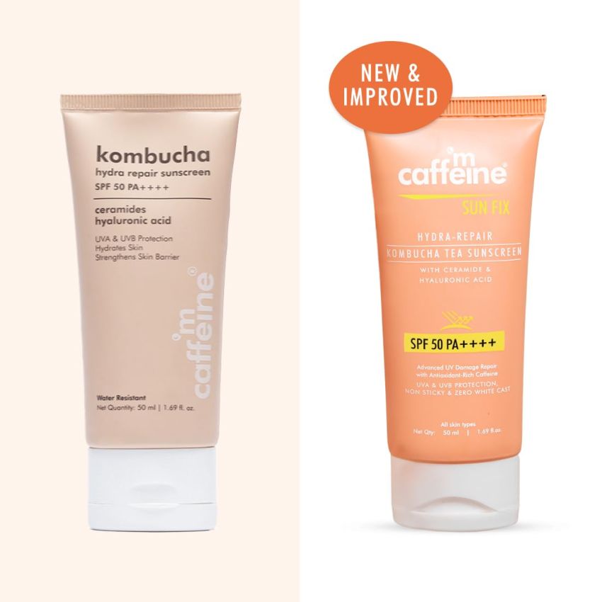 mCaffeine Kombucha Hydra Repair Sunscreen SPF50 PA++++ | UVA & UVB Protection, No White Cast | Hyaluronic Acid, Ceramides Sunscreen for Hydration & Barrier Repair | All Skin Types - 50ml