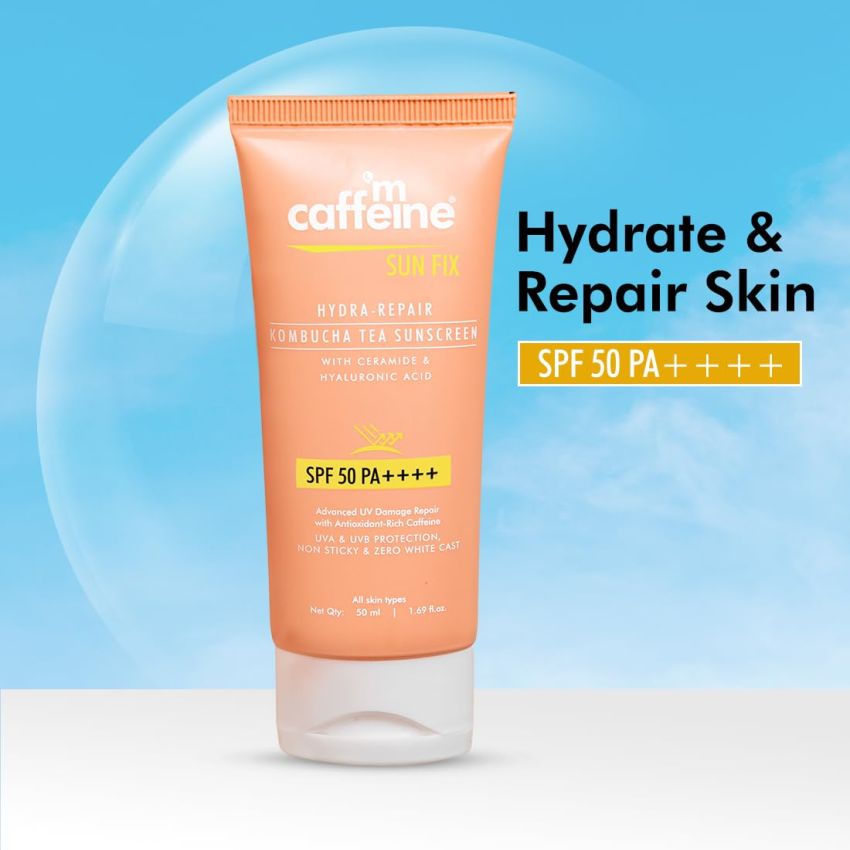 mCaffeine Kombucha Hydra Repair Sunscreen SPF50 PA++++ | UVA & UVB Protection, No White Cast | Hyaluronic Acid, Ceramides Sunscreen for Hydration & Barrier Repair | All Skin Types - 50ml
