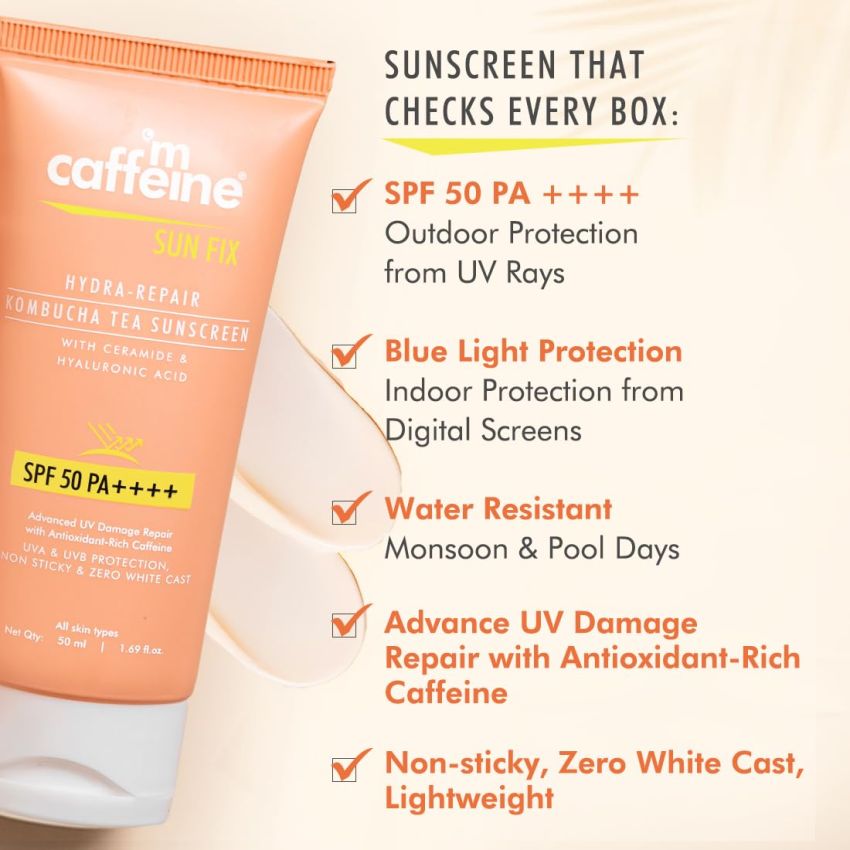 mCaffeine Kombucha Hydra Repair Sunscreen SPF50 PA++++ | UVA & UVB Protection, No White Cast | Hyaluronic Acid, Ceramides Sunscreen for Hydration & Barrier Repair | All Skin Types - 50ml
