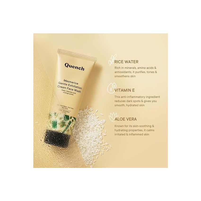 Quench Rice Water Gentle Exfoliation Cream Face Wash | Korean Face Wash for Glowing Skin | Brightens & Hydrates Skin with Aloe Vera & Vitamin E | Made in Korea (100ml)