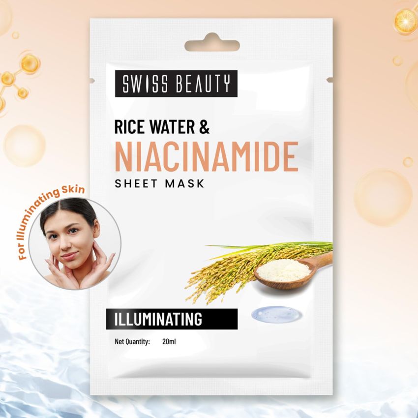 Swiss Beauty Rice Water & Niacinamide Illuminating Sheet Mask | Serum-infused Sheet mask | Minimises open pores | Control excess oil | 20ml