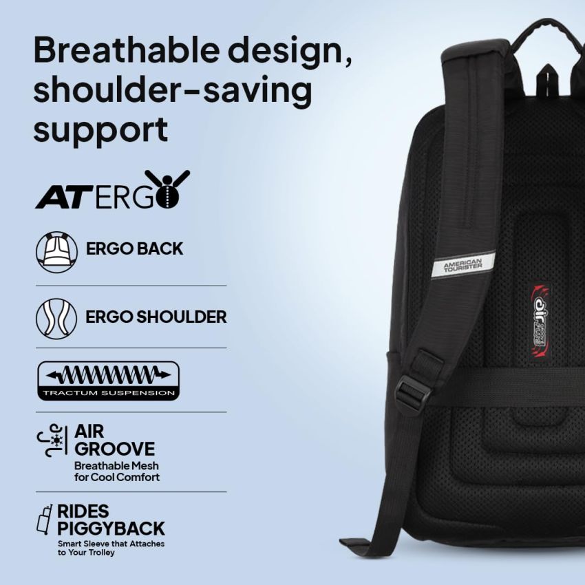 American Tourister RON Large Laptop Backpack Travel bag, 28 Ltrs Durable bags for mens, College School Computer Backpack Gift for Men Women Boys Girls Kids, Black, with Rain Cover