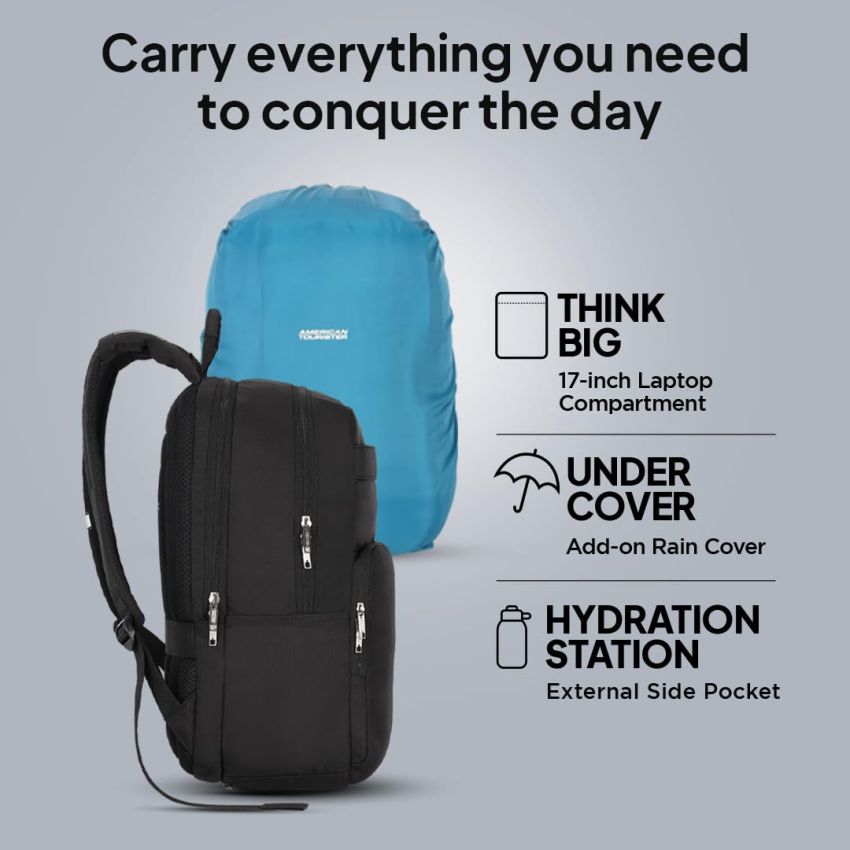 American Tourister RON Large Laptop Backpack Travel bag, 28 Ltrs Durable bags for mens, College School Computer Backpack Gift for Men Women Boys Girls Kids, Black, with Rain Cover