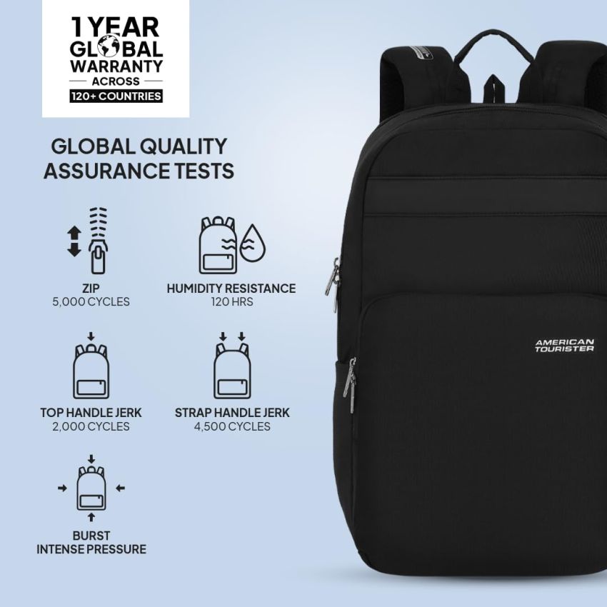 American Tourister RON Large Laptop Backpack Travel bag, 28 Ltrs Durable bags for mens, College School Computer Backpack Gift for Men Women Boys Girls Kids, Black, with Rain Cover