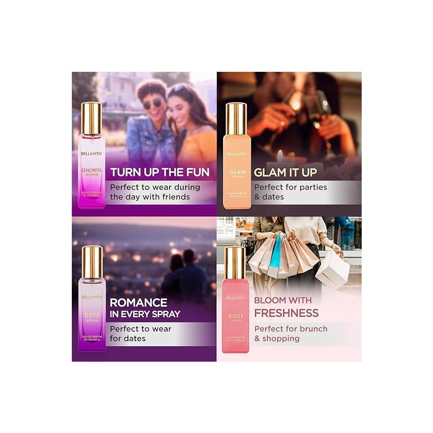 Bella Vita Luxury Woman Eau De Parfum Gift Set 4x20 ml for Women with Date, Senorita, Glam, Rose Perfume|Floral, Fruity Long Lasting EDP Fragrance Scent