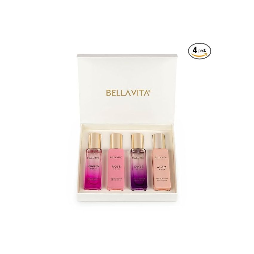 Bella Vita Luxury Woman Eau De Parfum Gift Set 4x20 ml for Women with Date, Senorita, Glam, Rose Perfume|Floral, Fruity Long Lasting EDP Fragrance Scent