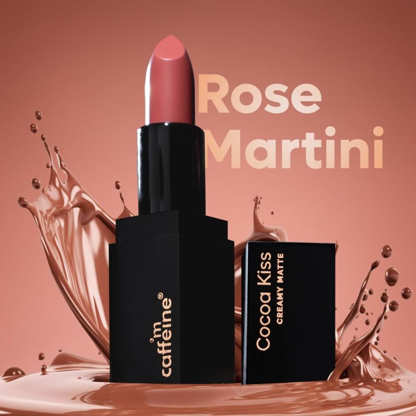 mCaffeine Cocoa Kiss Creamy Matte Lipstick - Rose Martini | Moisturizing & Non Drying, Lightweight & Long Lasting Formula | With Cocoa Butter, Caffeine & Vitamin E | SLS & Paraben Free