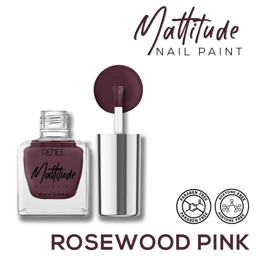 RENEE Mattitude Nail Paint- Rosewood Pink 10ml | Quick Drying, Matte Finish, Long Lasting, Chip resisting Formula with High coverage | Acetone & Paraben Free