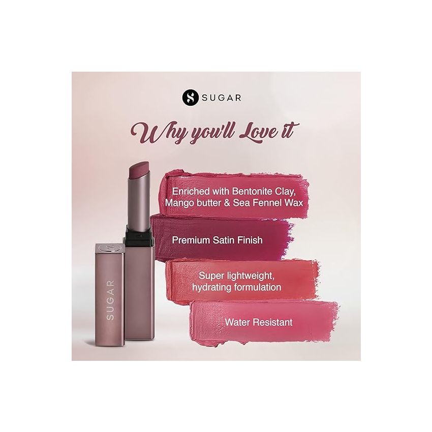 SUGAR Cosmetics Mettle Satin Lipstick | Highly Pigmented & Silky Matte Finish | Creamy Texture | Mango Butter Infused | 2.2 gm - 02 Elizabeth (Rosy Cheeks Pink)