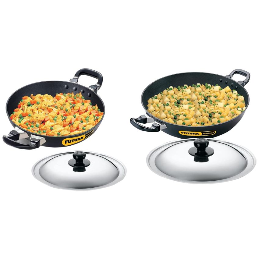 Hawkins Futura Non-Stick Round Bottom Deep-Fry Kadai with Steel Lid, 30Cm Q19 Futura Non-Stick Deep-Fry Pan (Kadhai) with Stainless Steel Lid, 22Cm