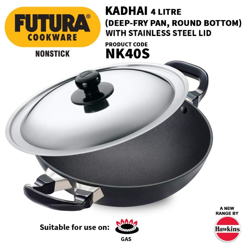Hawkins Futura Non-Stick Round Bottom Deep-Fry Kadai with Steel Lid, 30Cm Q19 Futura Non-Stick Deep-Fry Pan (Kadhai) with Stainless Steel Lid, 22Cm