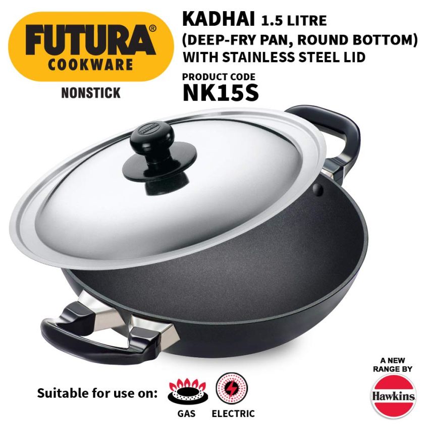 Hawkins Futura Non-Stick Round Bottom Deep-Fry Kadai with Steel Lid, 30Cm Q19 Futura Non-Stick Deep-Fry Pan (Kadhai) with Stainless Steel Lid, 22Cm