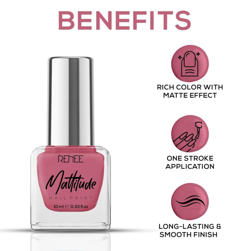 RENEE Mattitude Nail Paint- Royale Rose 10ml | Quick Drying, Matte Finish, Long Lasting, Chip resisting Formula with High coverage | Acetone & Paraben Free