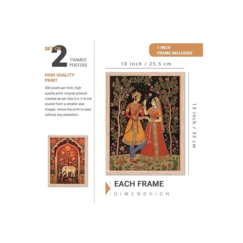 Kotart Madhubani Art Framed Painting For Home, Living Room, Hall | Traditional Rajasthani Pichwai Art Paitnings With Frame For Home Decor (Set Of 2) (Style10) - Paper