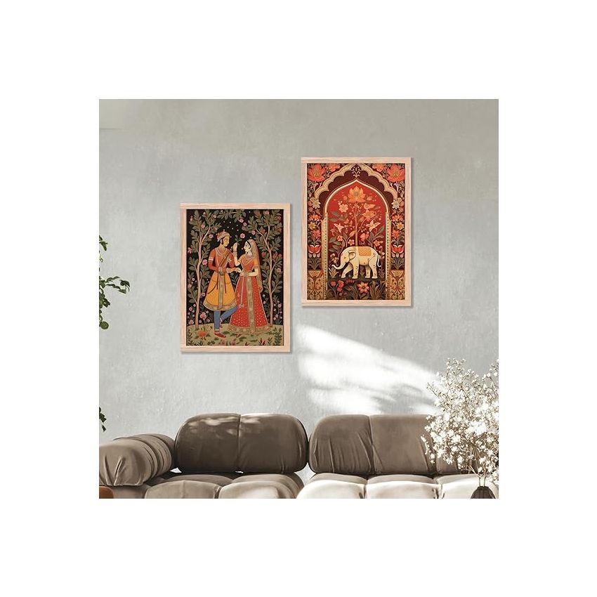 Kotart Madhubani Art Framed Painting For Home, Living Room, Hall | Traditional Rajasthani Pichwai Art Paitnings With Frame For Home Decor (Set Of 2) (Style10) - Paper