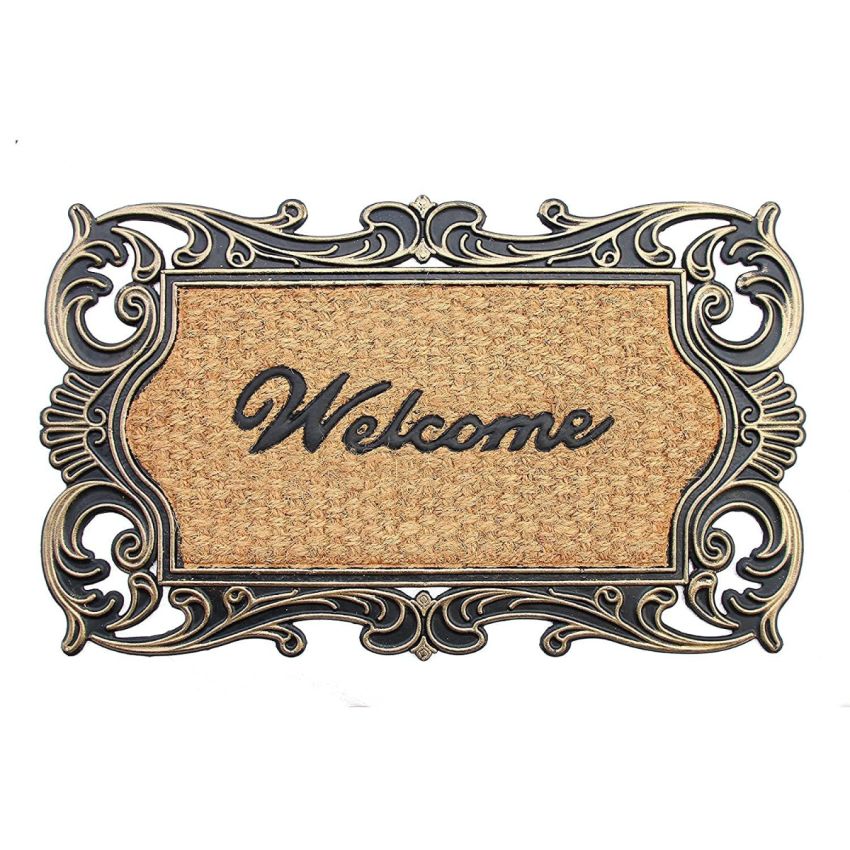 Onlymat Welcome Printed Natural Coir, Rubber Rectangular Doormat With Modern Decorative Designed Border Long-Lasting, Heavy Duty, Large And Thick For Indoor (75Cm X 45Cm, Brown And Beige)