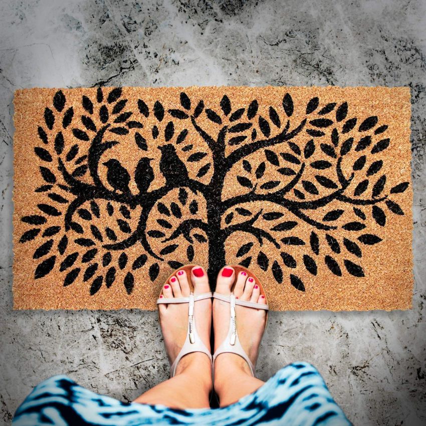 Onlymat Coir Doormat for Entrance, Non Slip Door Rectangular Rug with Heavy Duty Rubber Backing, Perfect for Indoor-Outdoor Use, Black and Beige Tree Imprint, 29.53