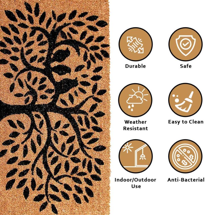 Onlymat Coir Doormat for Entrance, Non Slip Door Rectangular Rug with Heavy Duty Rubber Backing, Perfect for Indoor-Outdoor Use, Black and Beige Tree Imprint, 29.53