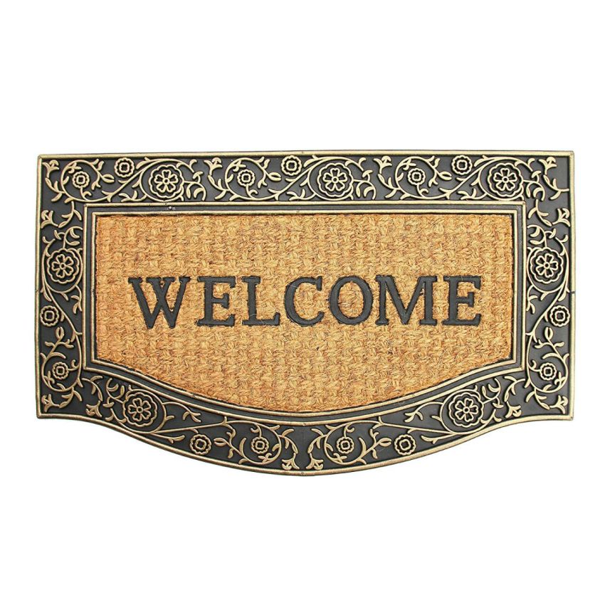 Onlymat Natural Coir, Rubber Black and Golden Welcome Printed Doormat with Beautiful Floral Design Border Long-Lasting, Heavy Duty, Large & Thick Entryway Rug for Indoor & Covered Door Entrances