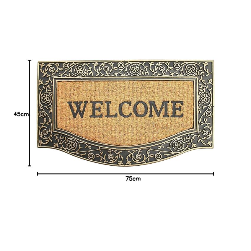 Onlymat Natural Coir, Rubber Black and Golden Welcome Printed Doormat with Beautiful Floral Design Border Long-Lasting, Heavy Duty, Large & Thick Entryway Rug for Indoor & Covered Door Entrances