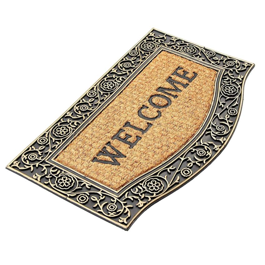 Onlymat Natural Coir, Rubber Black and Golden Welcome Printed Doormat with Beautiful Floral Design Border Long-Lasting, Heavy Duty, Large & Thick Entryway Rug for Indoor & Covered Door Entrances