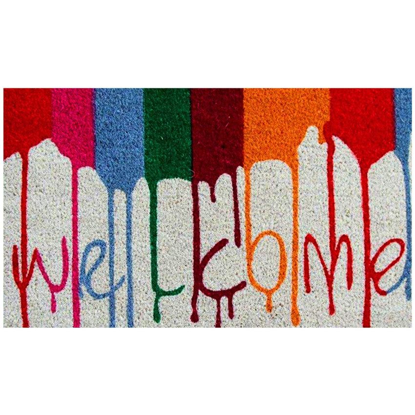 Onlymat Coir Welcome Mat for Entrance, Non-Slip Door Rectangular Rug with Heavy Duty PVC Backing, Perfect for Indoor-Outdoor Use with Welcome Print, Multicolor, 23.53