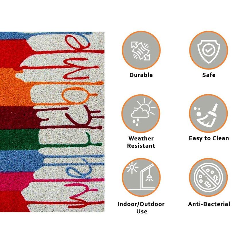 Onlymat Coir Welcome Mat for Entrance, Non-Slip Door Rectangular Rug with Heavy Duty PVC Backing, Perfect for Indoor-Outdoor Use with Welcome Print, Multicolor, 23.53