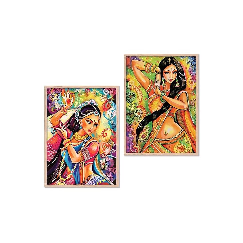kotart Madhubani Art Framed Painting for Home, Living Room, Hall | Traditional Woman Pichwai Art Paitnings with Frame for Home Decor (Set of 2) (Style03)