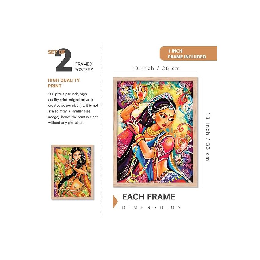 kotart Madhubani Art Framed Painting for Home, Living Room, Hall | Traditional Woman Pichwai Art Paitnings with Frame for Home Decor (Set of 2) (Style03)
