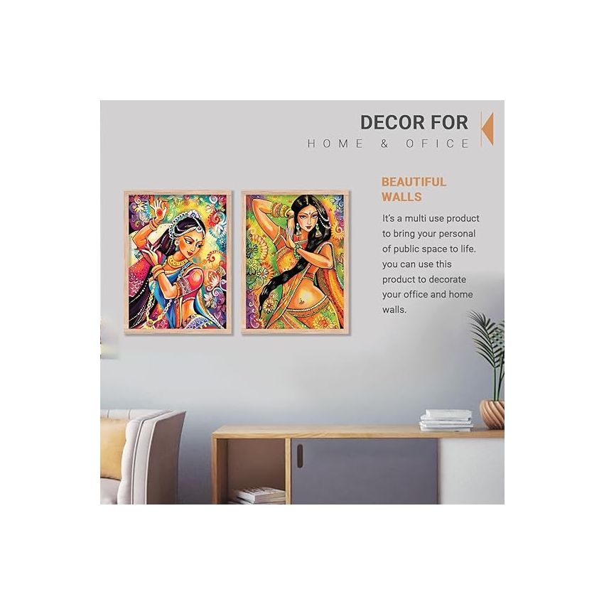 kotart Madhubani Art Framed Painting for Home, Living Room, Hall | Traditional Woman Pichwai Art Paitnings with Frame for Home Decor (Set of 2) (Style03)