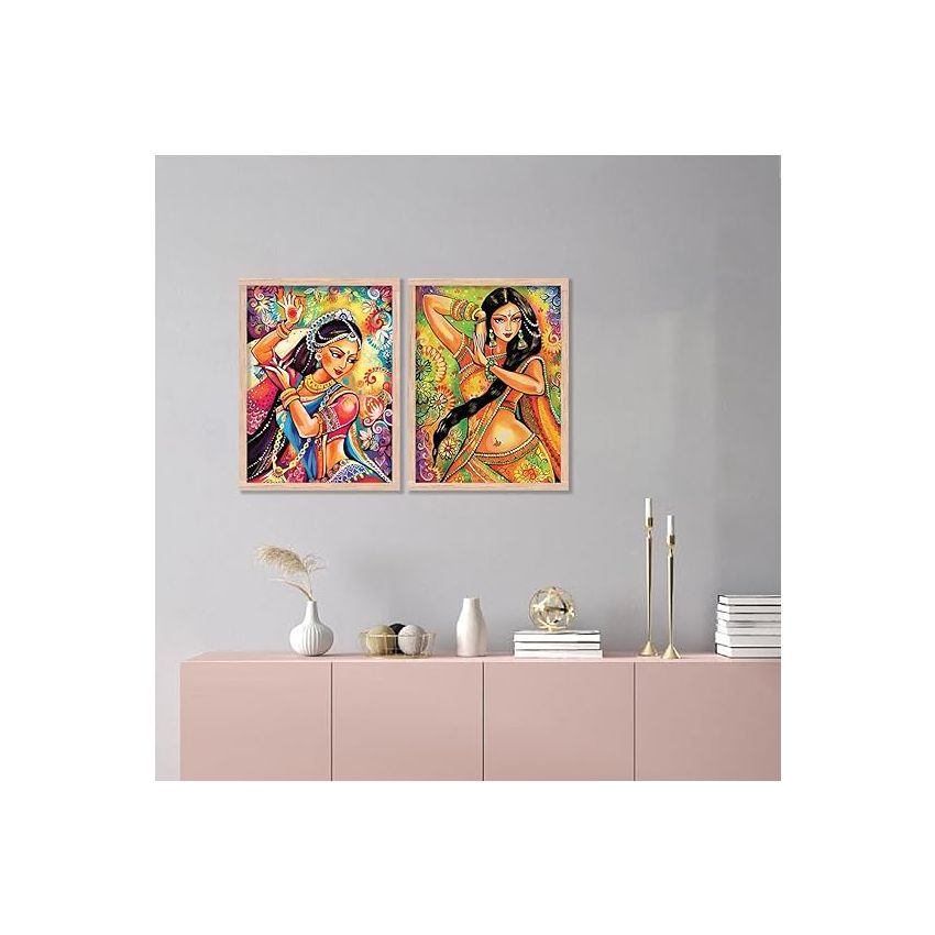 kotart Madhubani Art Framed Painting for Home, Living Room, Hall | Traditional Woman Pichwai Art Paitnings with Frame for Home Decor (Set of 2) (Style03)