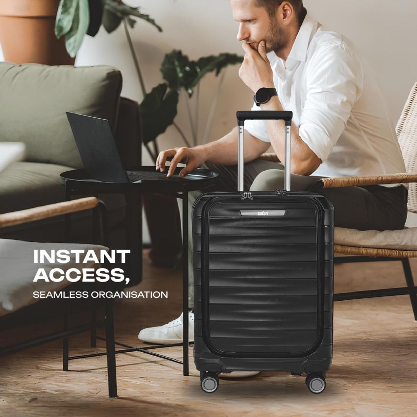 Safari Select Aerolite 55 CM Small Cabin Black Front Open Hard Shell Double Spinner Trolley/Luggage Bag with TSA Lock, Dual 8 Wheels and Anti-Theft Zipper
