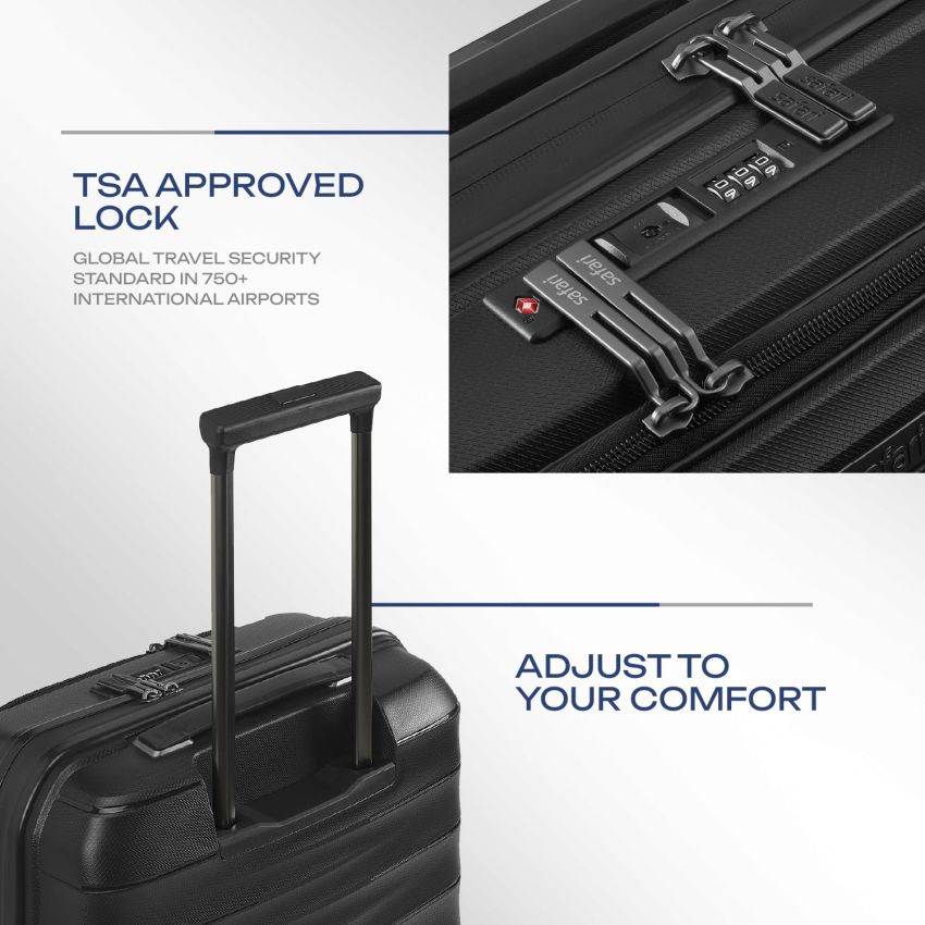 Safari Select Aerolite 55 CM Small Cabin Black Front Open Hard Shell Double Spinner Trolley/Luggage Bag with TSA Lock, Dual 8 Wheels and Anti-Theft Zipper
