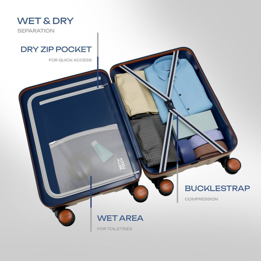 Safari Thorium Royale 8 Wheels 55cm Cabin Trolley Bag Hard Case Carry-on Polycarbonate Luggage, TSA Lock, Wet Pouch Organized Interior, Suitcase for Travel, Trolley Bags for Travel, Vanilla Tan
