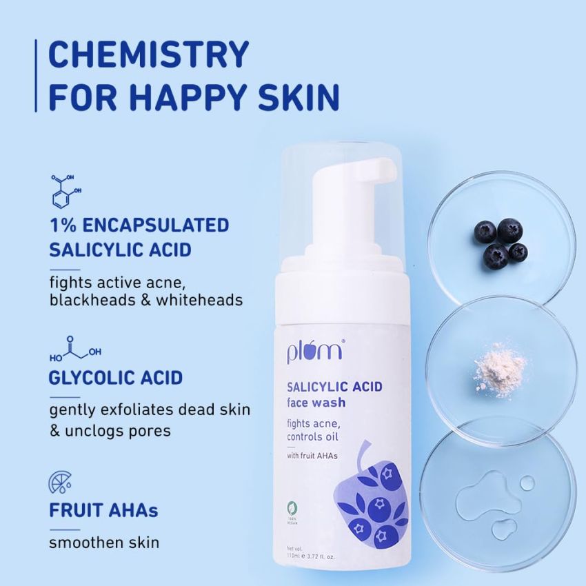 Plum 1% Encapsulated Salicylic Acid Foaming Face Wash | Fights Active Acne, Blackheads & Breakouts | with Glycolic Acid & Fruit AHAs | All Skin Types | Creamy Face Cleanser for Women & Men | 110ml