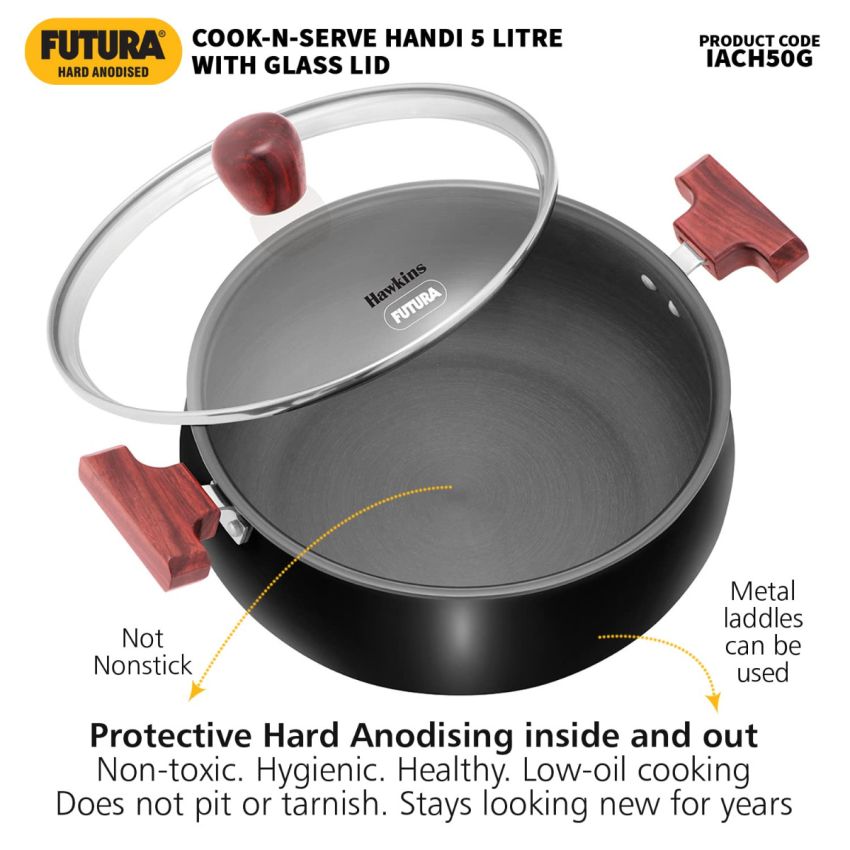 Hawkins Futura 5 Litre Cook N Serve Handi, Hard Anodised Biryani Handi with Glass Lid, Induction Saucepan, Sauce Pan, Black (Iach50G), Anodized
