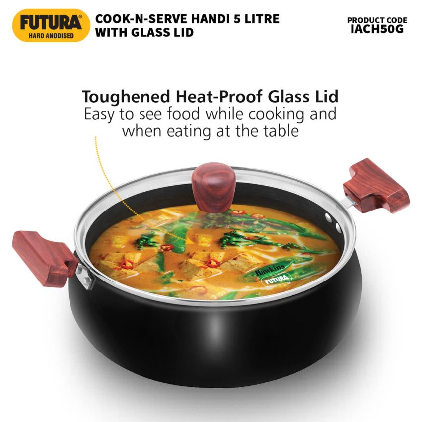 Hawkins Futura 5 Litre Cook N Serve Handi, Hard Anodised Biryani Handi with Glass Lid, Induction Saucepan, Sauce Pan, Black (Iach50G), Anodized