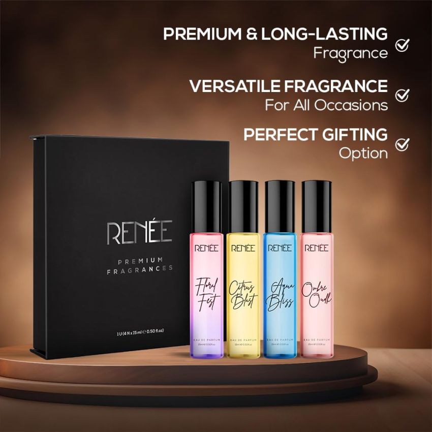 RENEE Women's Signature Perfume Gift Set Pack of 4 Eau De Parfum- Long-Lasting Premium Scents, Floral Fest, Aqua Bliss, Citrus Blast, Ombre Oud, Travel Friendly, Fragrances for All The Occasion, 15ml each