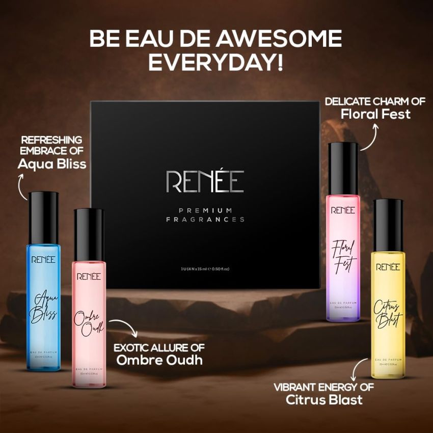 RENEE Women's Signature Perfume Gift Set Pack of 4 Eau De Parfum- Long-Lasting Premium Scents, Floral Fest, Aqua Bliss, Citrus Blast, Ombre Oud, Travel Friendly, Fragrances for All The Occasion, 15ml each