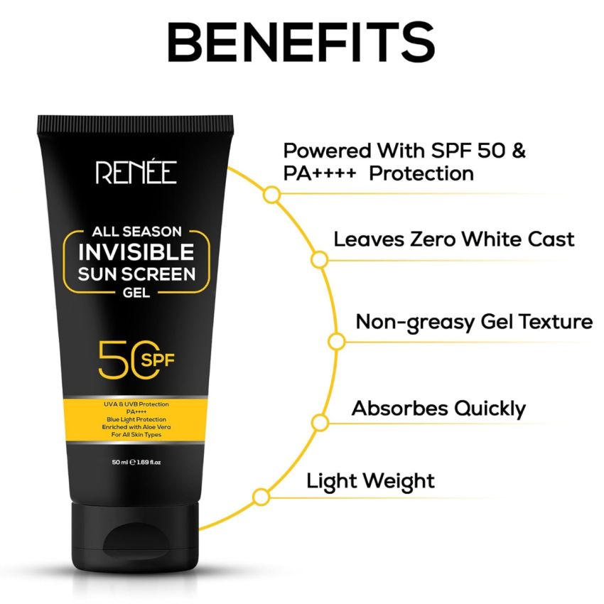 RENEE All Season Invisible Sunscreen Gel 50ml, Spf 50 Broad Spectrum Pa++++, Uva, Uvb & Blue Light Protection | No White Cast, Transparent, Non-greasy, Quick Absorb Gel Texture