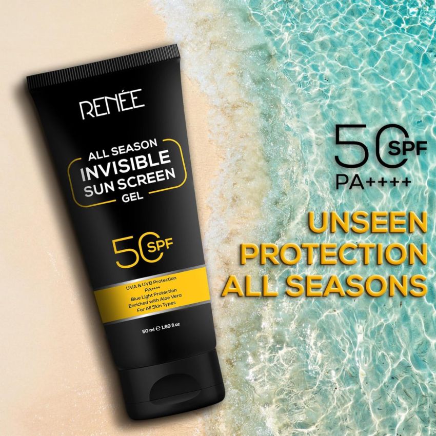 RENEE All Season Invisible Sunscreen Gel 50ml, Spf 50 Broad Spectrum Pa++++, Uva, Uvb & Blue Light Protection | No White Cast, Transparent, Non-greasy, Quick Absorb Gel Texture
