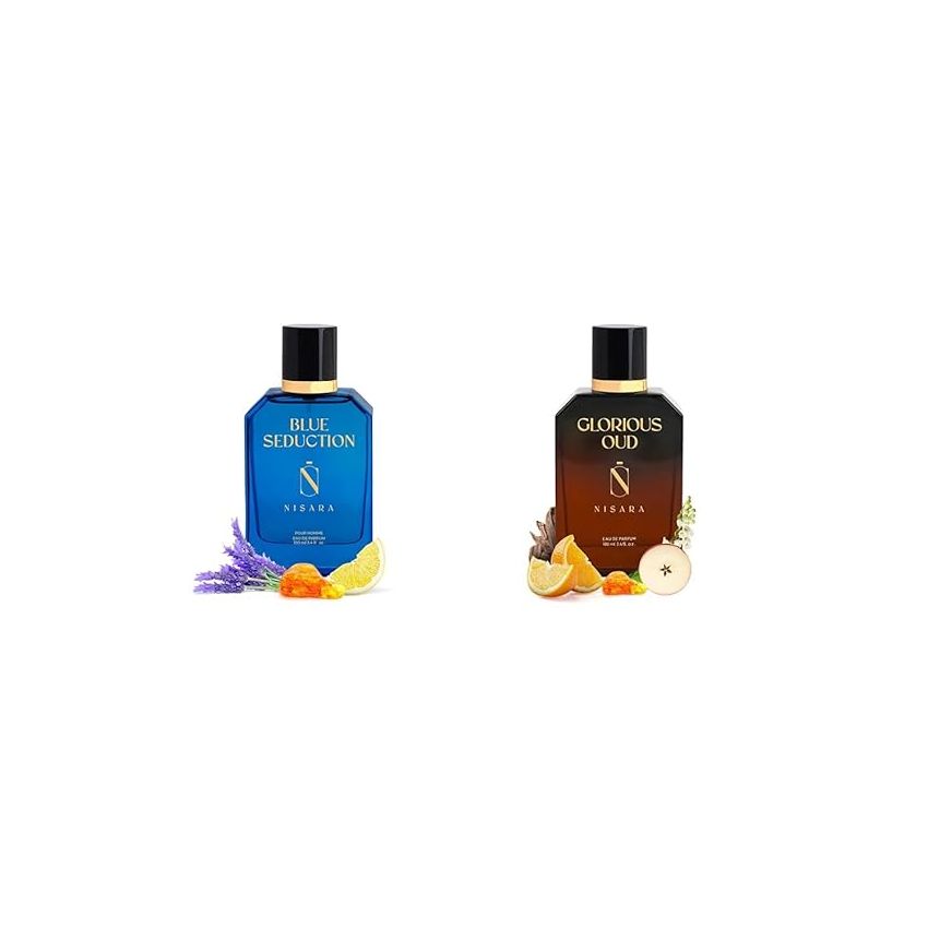 Nisara Blue Seduction & Glorious Oud Eau De Parfum 100ml X 2 | Perfume Combo for Men & Women | Aqua-Fresh Aromatic Fougre Woody Amber