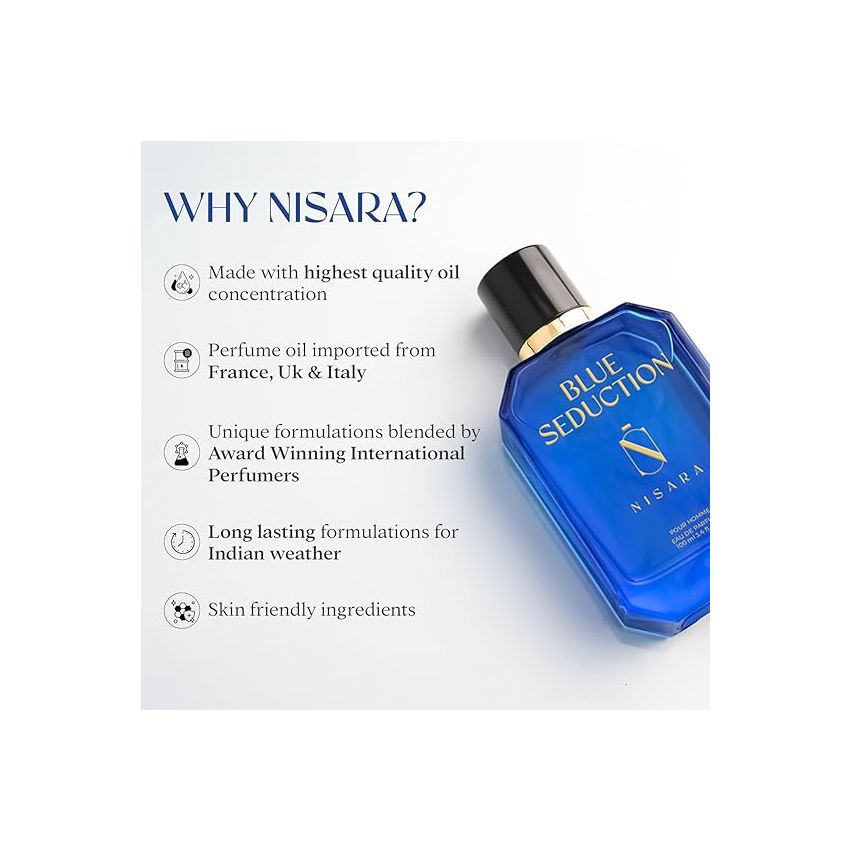 Nisara Blue Seduction & Men Of The Night Perfume Combo For Men ( Pack of 2*100 ml ) | Aqua-Fresh Aromatic Fougre Woody Chypre Musky Fragrance | with Jasmine, Amber, Musk, Lavender & Patchouli Notes | Long Lasting Eau De Parfum Scent Spray*-
