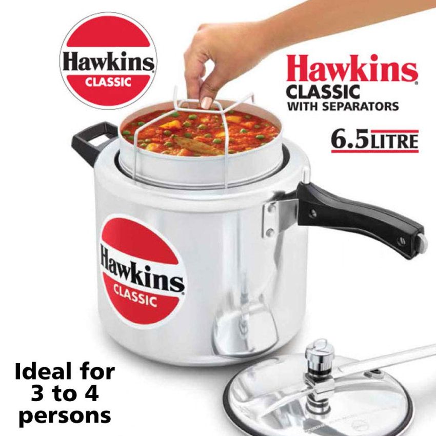 Hawkins 6.5 Litre Classic Pressure Cooker with Pots, Inner Lid Cooker with Separator Set, Silver (CL66)