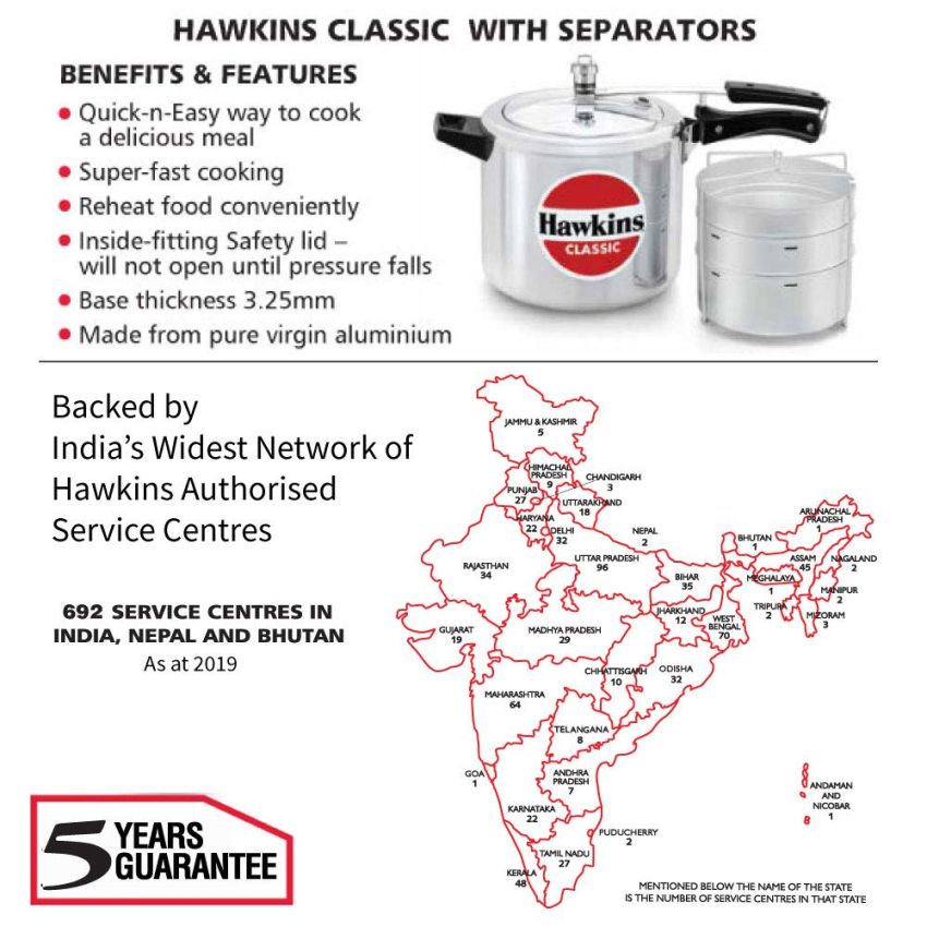 Hawkins 6.5 Litre Classic Pressure Cooker with Pots, Inner Lid Cooker with Separator Set, Silver (CL66)