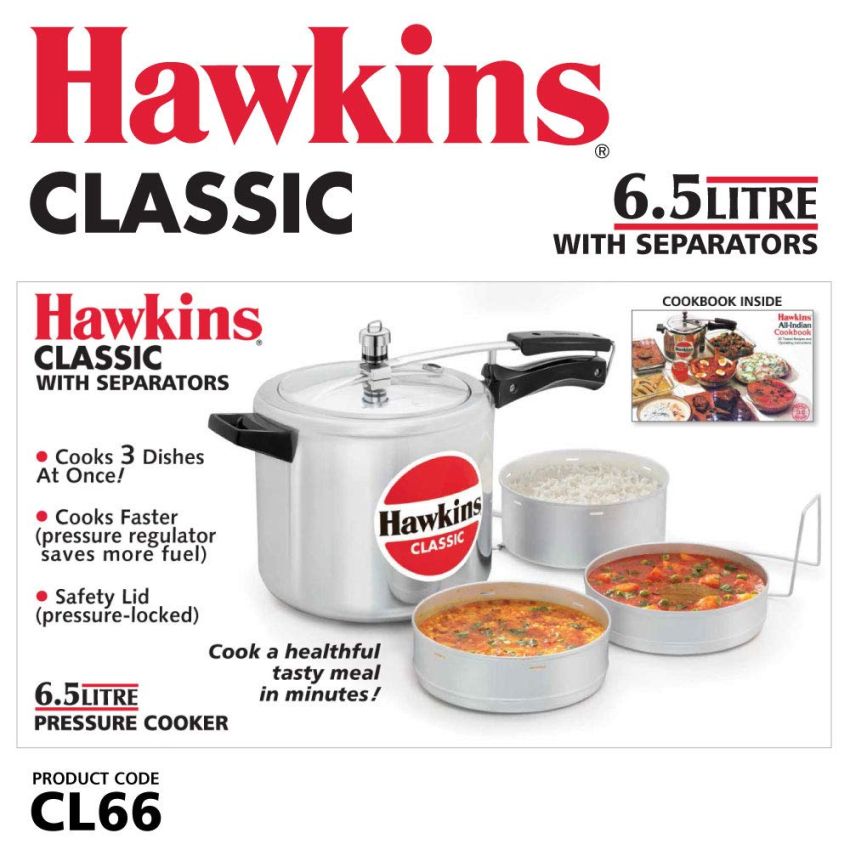 Hawkins 6.5 Litre Classic Pressure Cooker with Pots, Inner Lid Cooker with Separator Set, Silver (CL66)