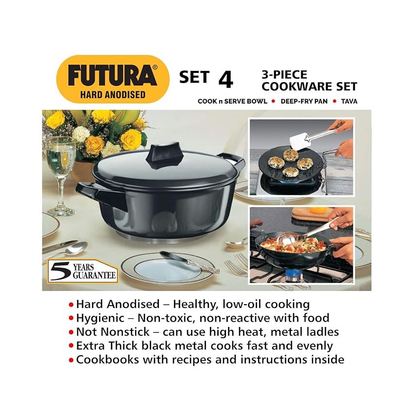 Hawkins Futura 3 Pieces Cookware Set 4 - Hard Anodised Tava, Kadhai, Cook-n-Serve Bowl with One Hard Anodised Lid, Black (ASET4)Aluminium