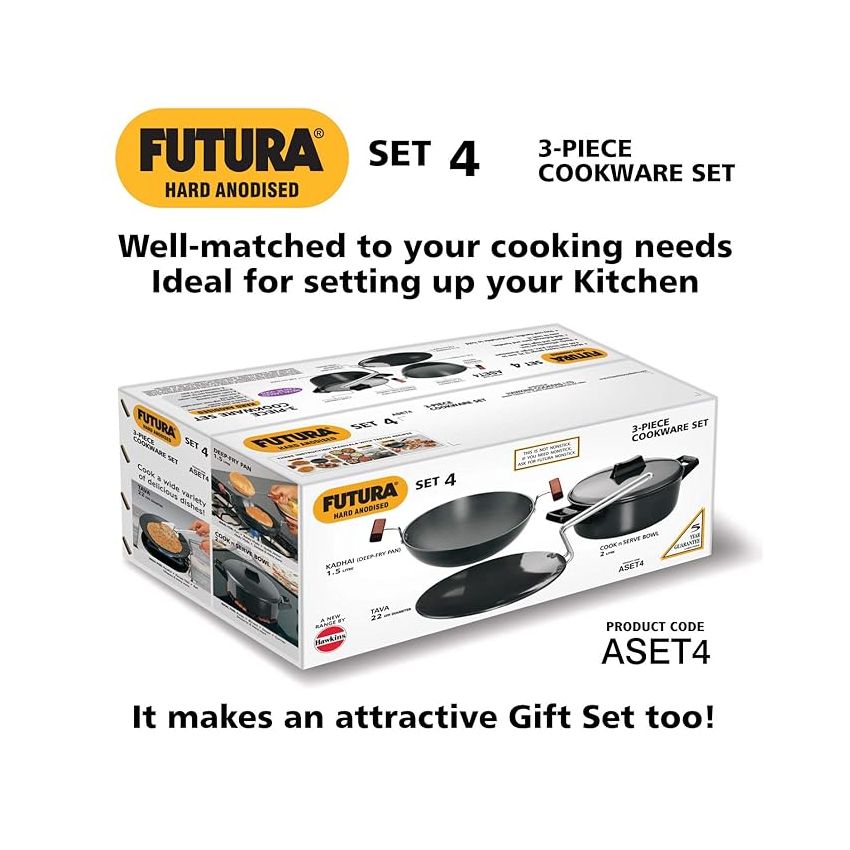 Hawkins Futura 3 Pieces Cookware Set 4 - Hard Anodised Tava, Kadhai, Cook-n-Serve Bowl with One Hard Anodised Lid, Black (ASET4)Aluminium